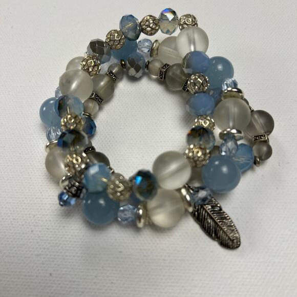 Handmade Beaded Bracelet Trio Sky Blue Gray Silver Tone Beads - Picture 1 of 9